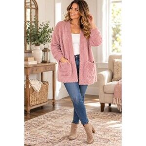 Chelsea & Theodore Womens L Pink Fuzzy Open Front Cardigan Sweater Pockets NWT